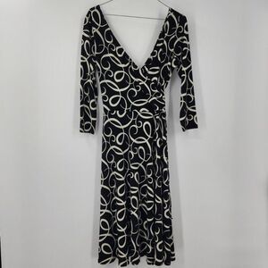 B. CALM Black and Cream Dress Womens Size 10 Swirl V-Neck Midi
